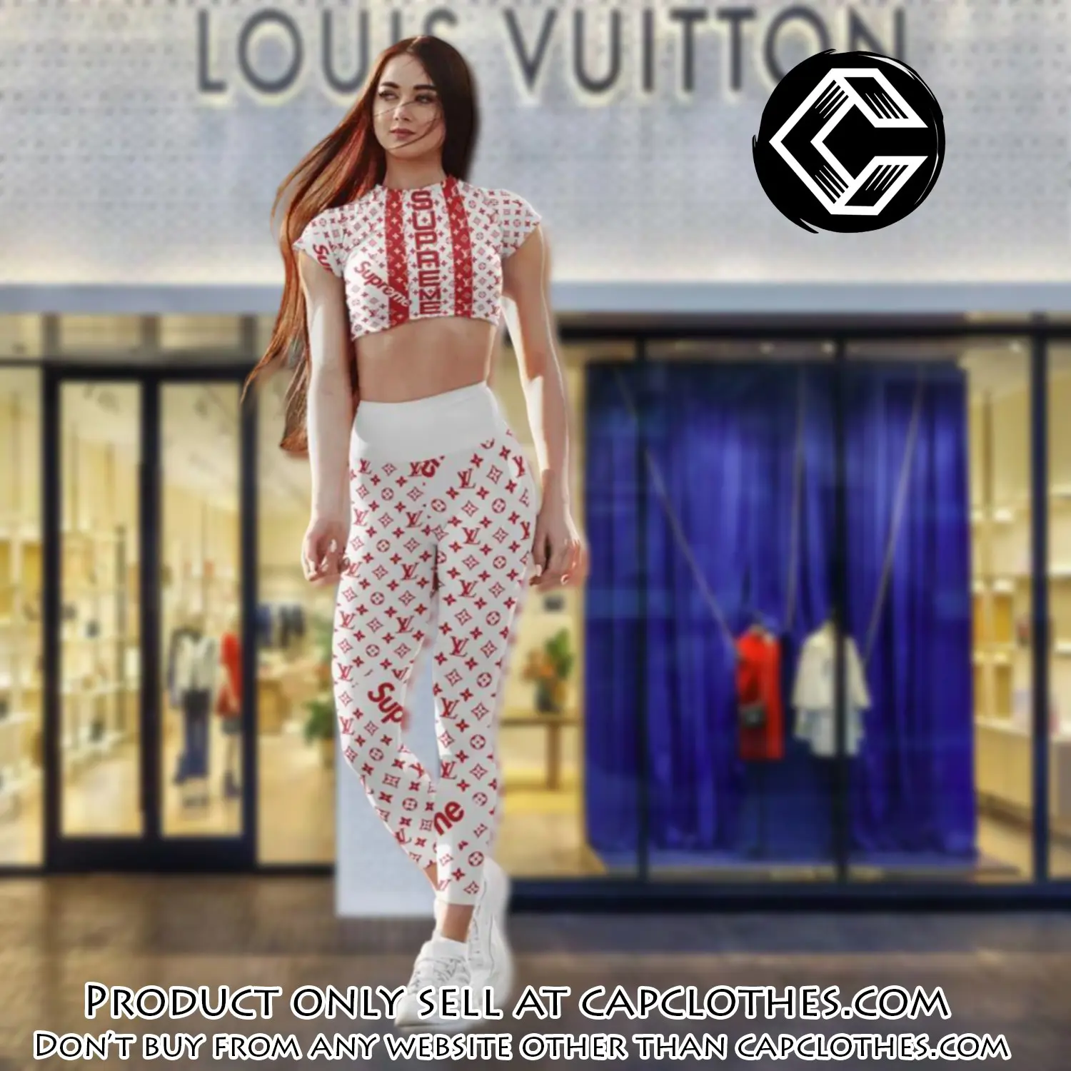 Red supreme louis vuitton luxury sportwear combo luxury brand crop top tshirt and legging for women ctl1037 cc0107605